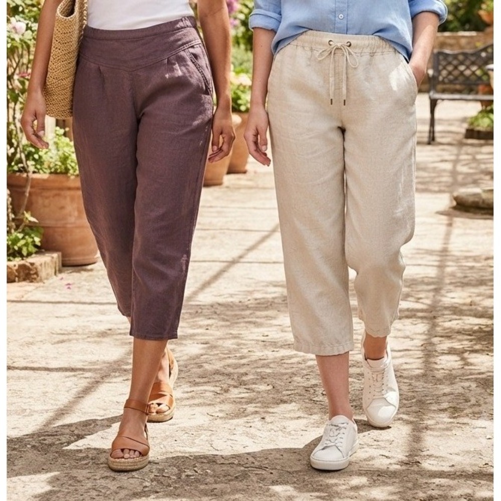 Womens 2pc Linen Cropped Pants Drawstring Elastic Waist Pockets Coastal Size XL?